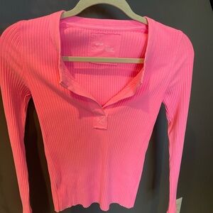 Aerie Bright Pink Long Sleeve Ribbed Top